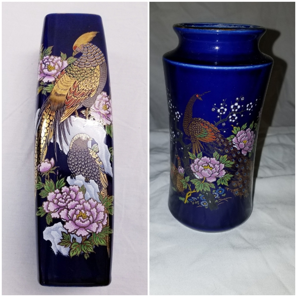 2 Vintage Japanese Peacock flower Vases cobalt blue 9.5" tall square & 6…